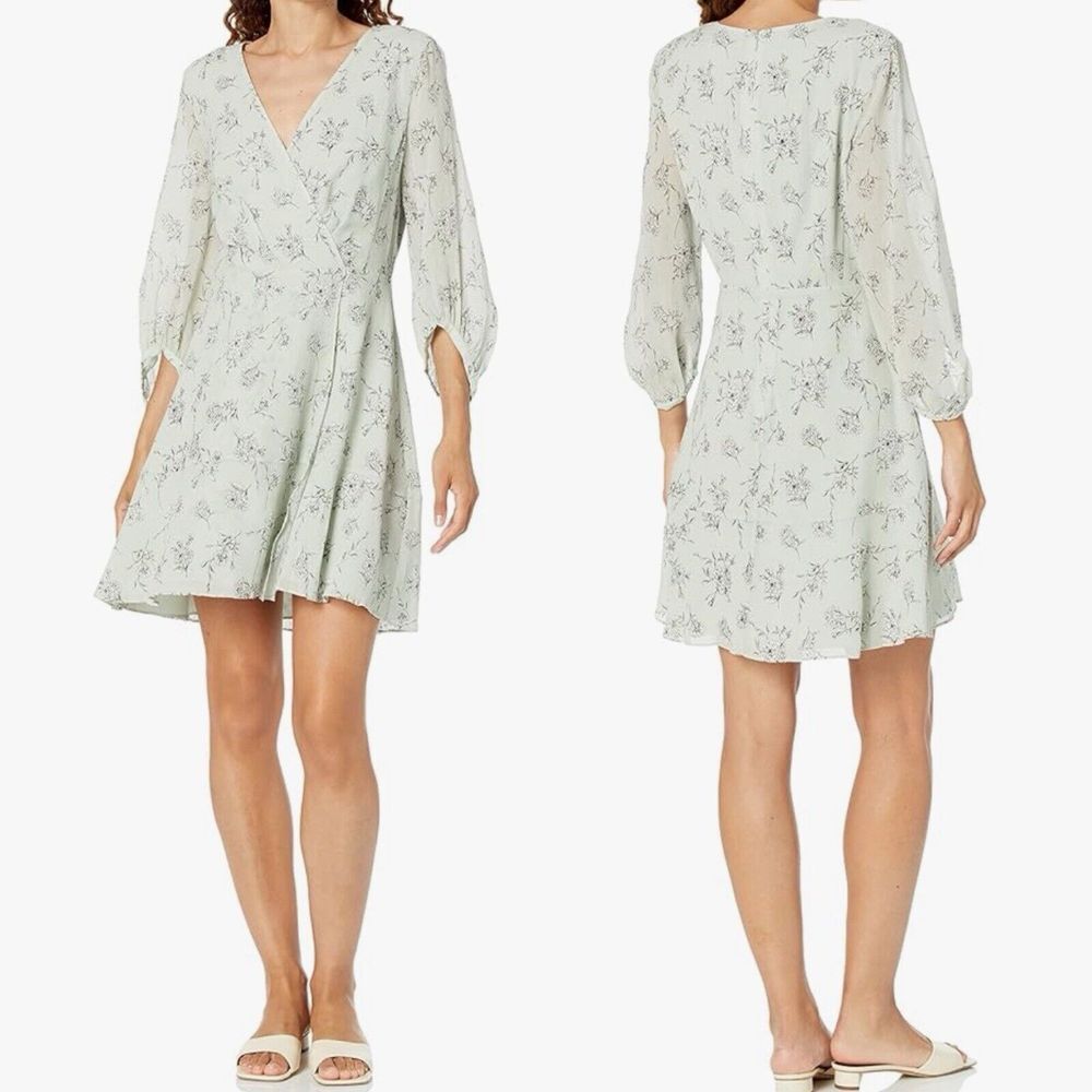 Club Monaco Floral Cotton Silk Pitched Sleeve Sheer  Mini Dress Faux Wrap Sz. XS